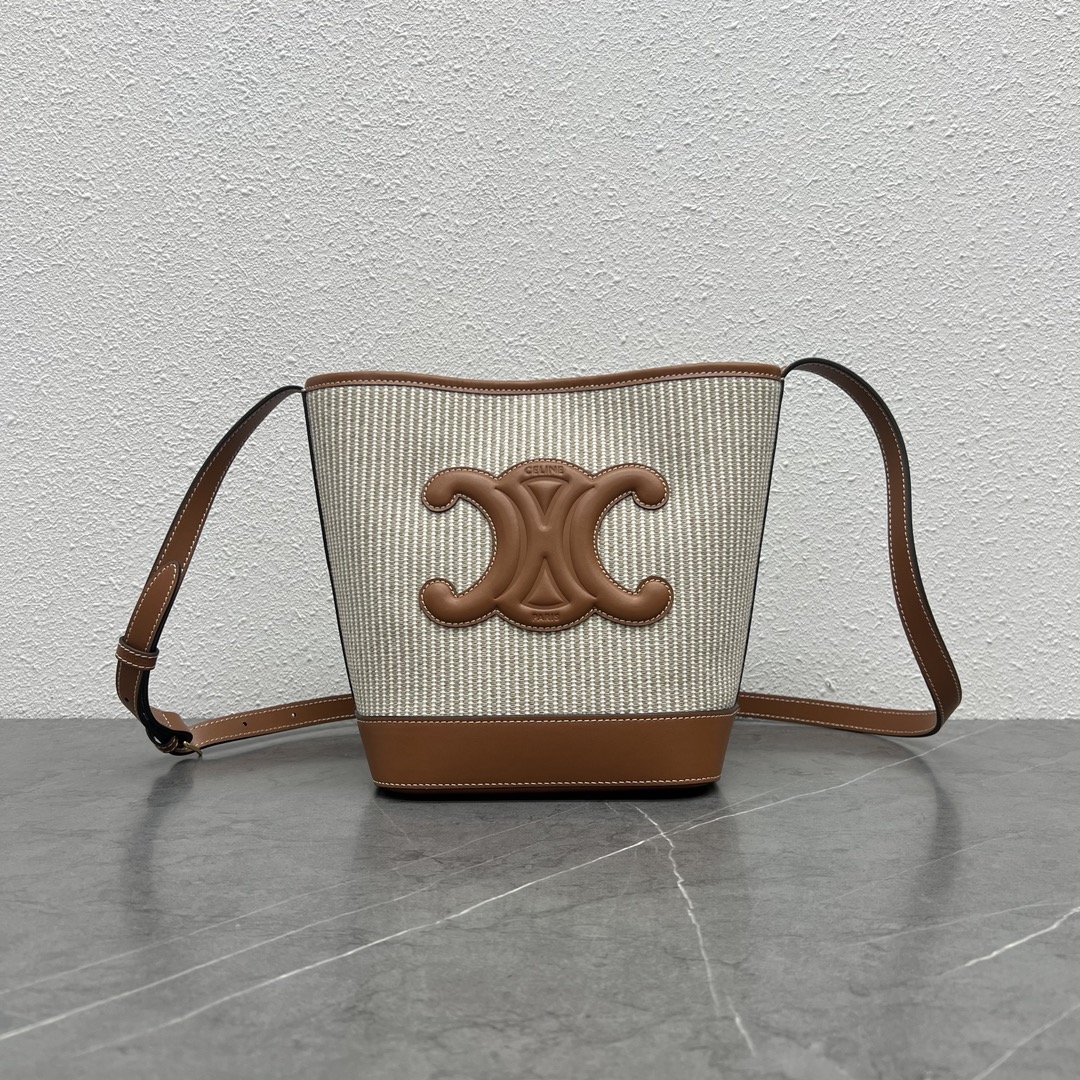 Celine Small Bucket Cuir Triomphe Shoulder Bag In Striped Textile And Calfskin Beige 198243